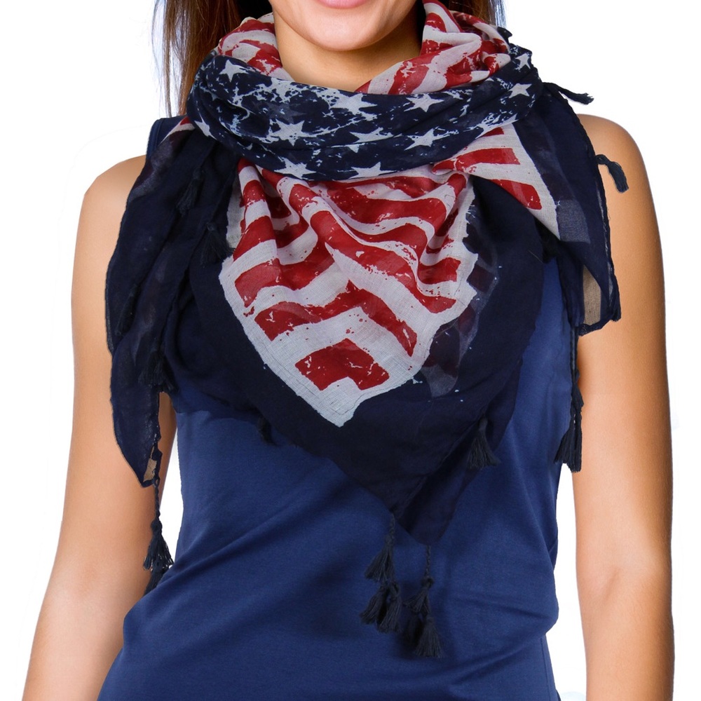 Patriotic American flag scarf fringe trim red blue